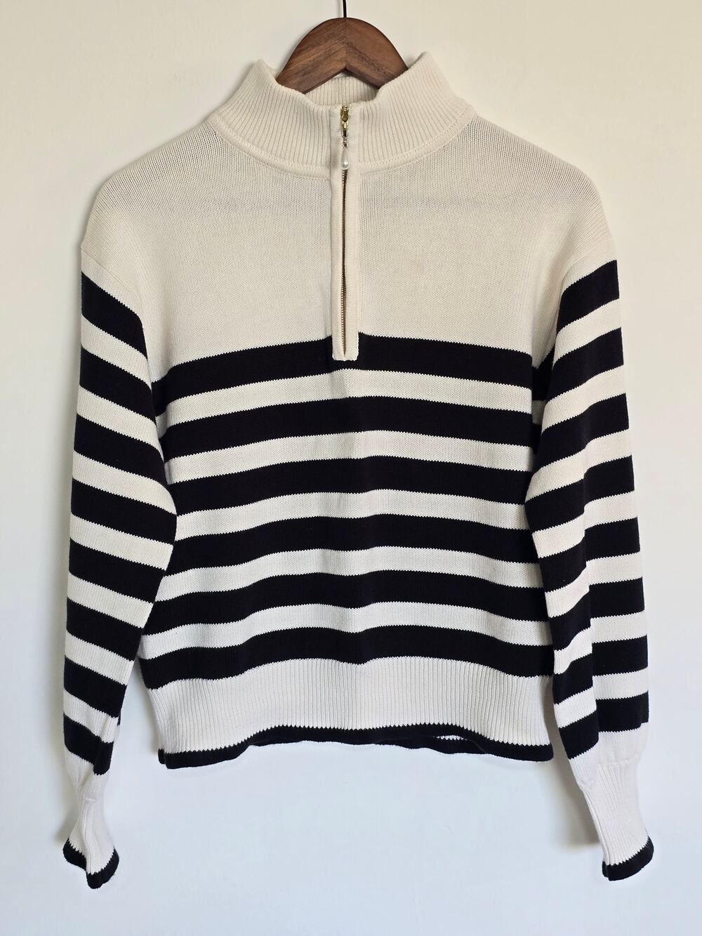 J.Crew Black & White Striped Cotton Half Zip Mock Neck Sweater M